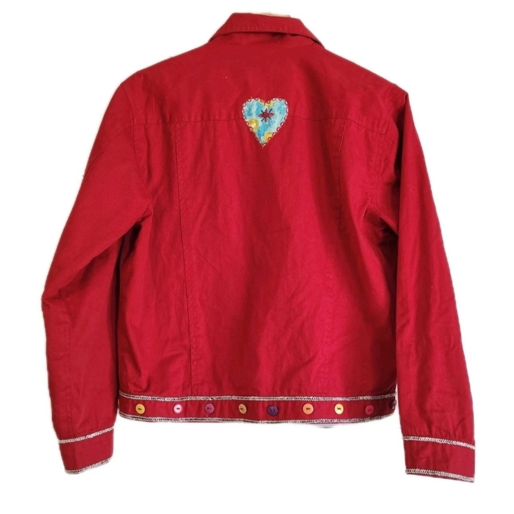 Vintage Applique Patchwork Jacket M Red Whimsical Wearable Art Statement Hearts - Picture 3 of 7